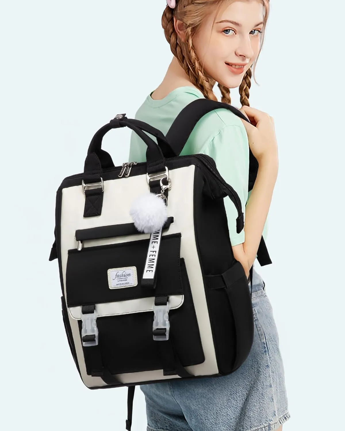 LOVEVOOK School Backpack for Student,15.6 Inch College Backpack, Light Weight Cute Bookbag for Girls, Waterproof Casual Daypack Laptop Backpack fits School Travel CasualBlack&Beige