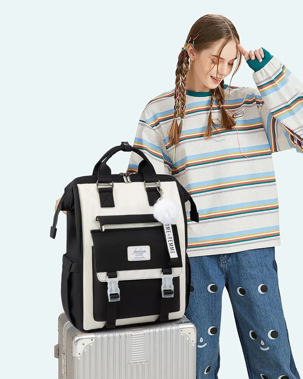 LOVEVOOK School Backpack for Student,15.6 Inch College Backpack, Light Weight Cute Bookbag for Girls, Waterproof Casual Daypack Laptop Backpack fits School Travel CasualBlack&Beige