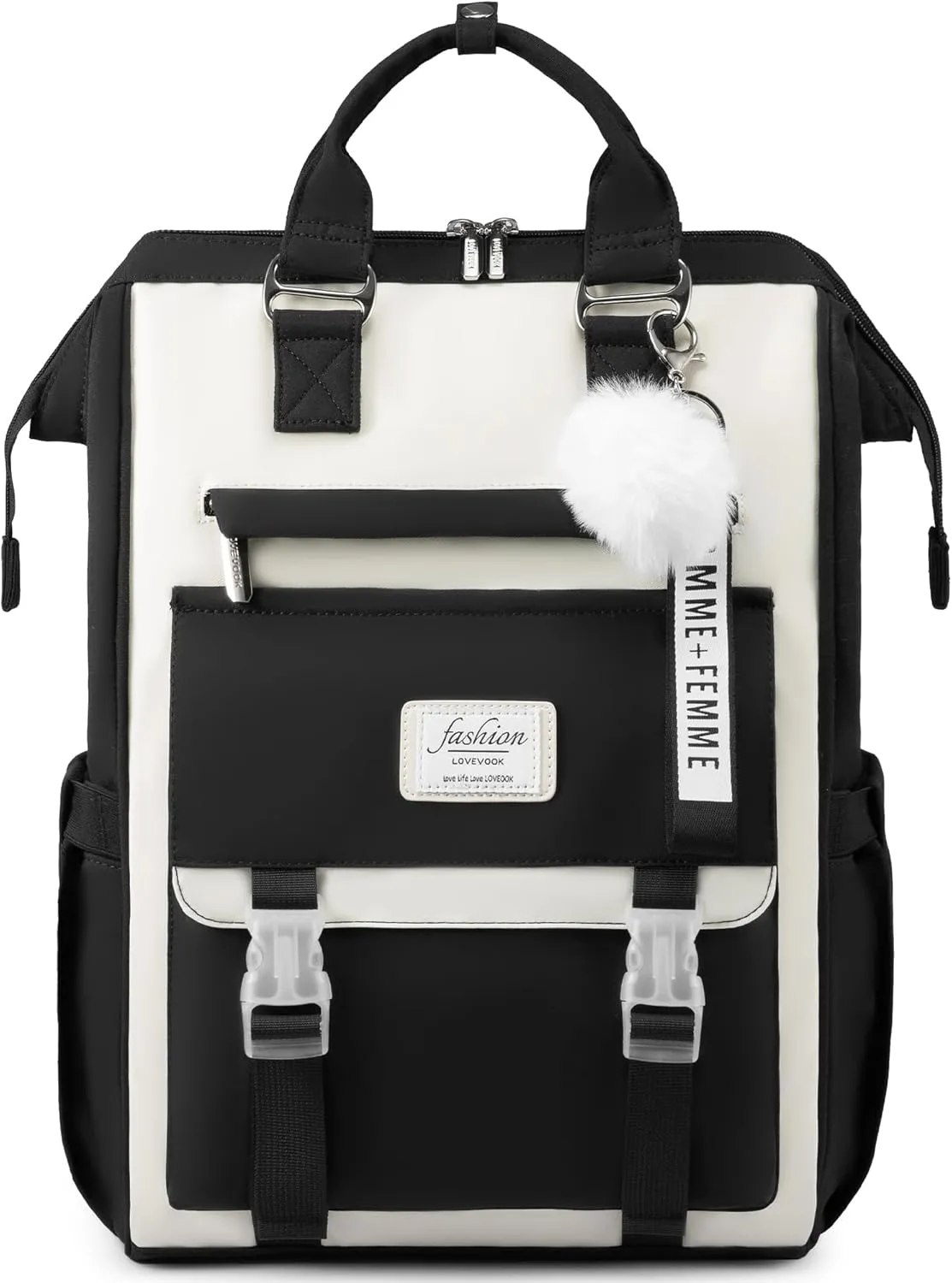 LOVEVOOK School Backpack for Student,15.6 Inch College Backpack, Light Weight Cute Bookbag for Girls, Waterproof Casual Daypack Laptop Backpack fits School Travel CasualBlack&Beige