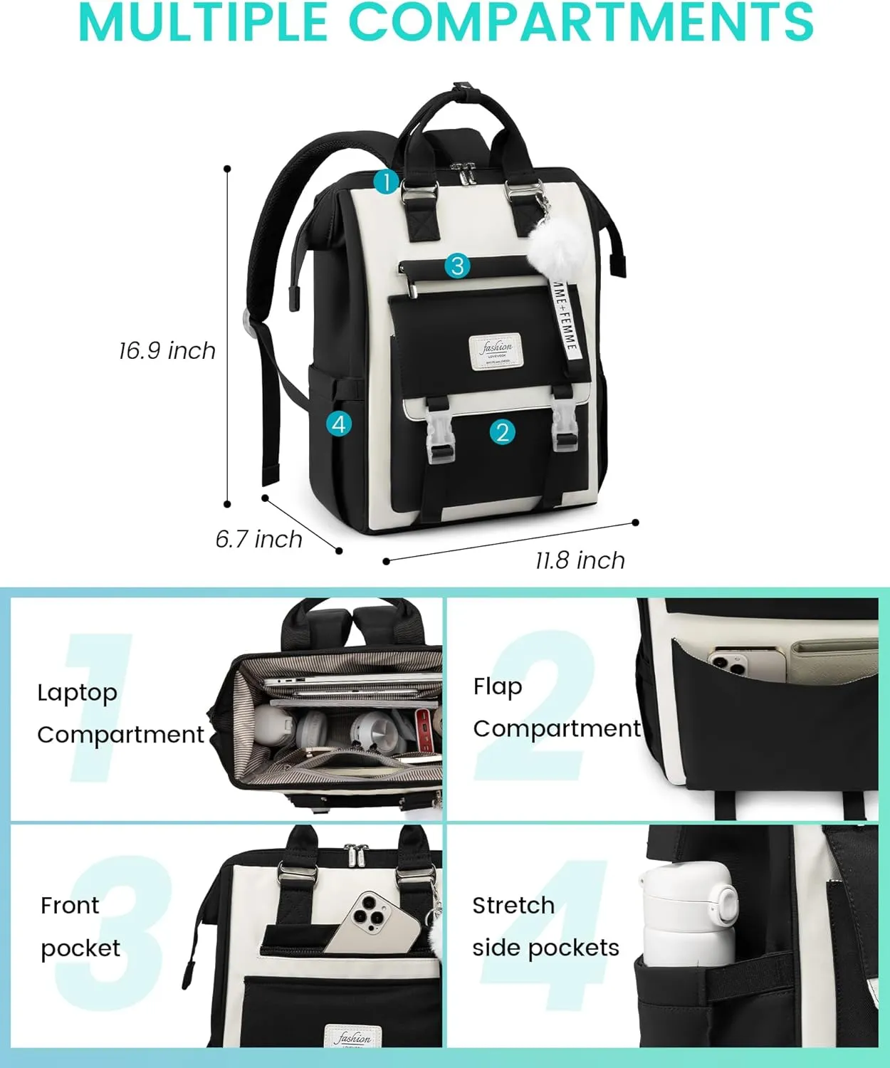 LOVEVOOK School Backpack for Student,15.6 Inch College Backpack, Light Weight Cute Bookbag for Girls, Waterproof Casual Daypack Laptop Backpack fits School Travel CasualBlack&Beige