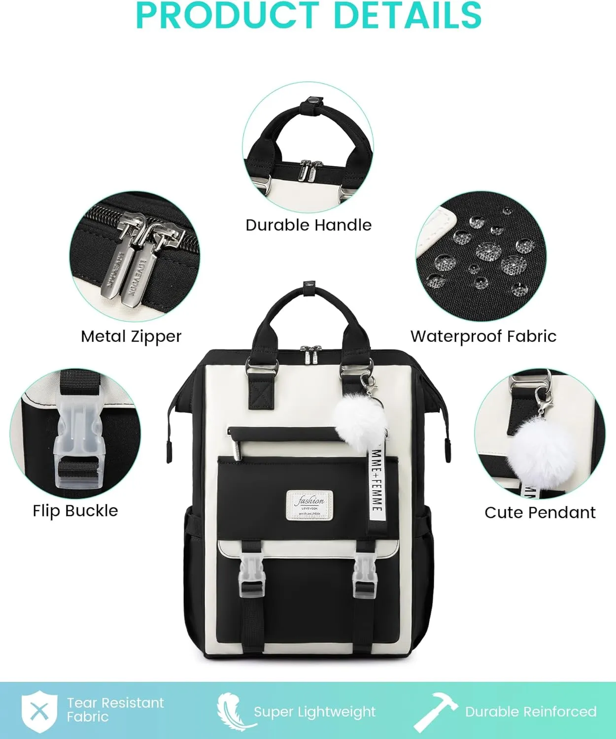 LOVEVOOK School Backpack for Student,15.6 Inch College Backpack, Light Weight Cute Bookbag for Girls, Waterproof Casual Daypack Laptop Backpack fits School Travel CasualBlack&Beige