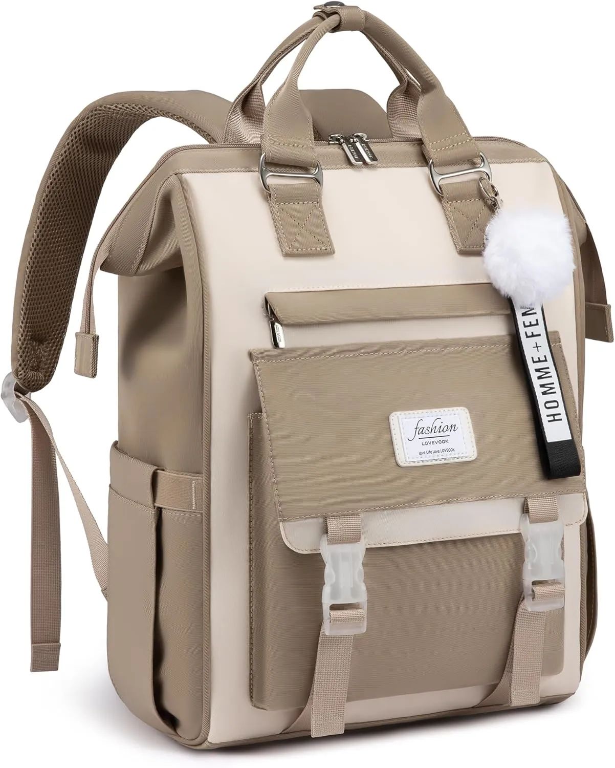 LOVEVOOK School Backpack for Student,15.6 Inch College Backpack, Light Weight Cute Bookbag for Girls, Waterproof Casual Daypack Laptop Backpack fits School Travel CasualCoffee&Beige