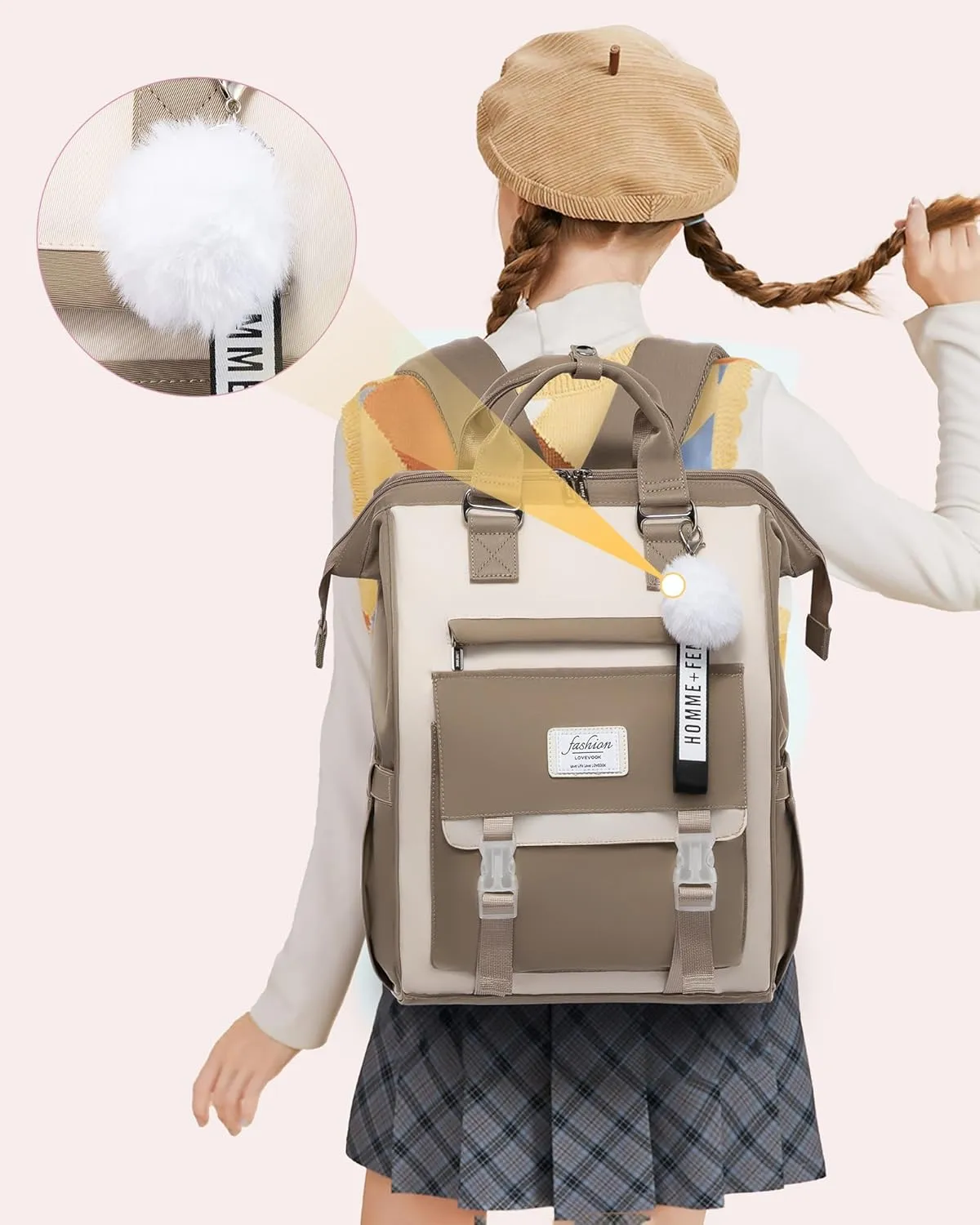 LOVEVOOK School Backpack for Student,15.6 Inch College Backpack, Light Weight Cute Bookbag for Girls, Waterproof Casual Daypack Laptop Backpack fits School Travel CasualCoffee&Beige