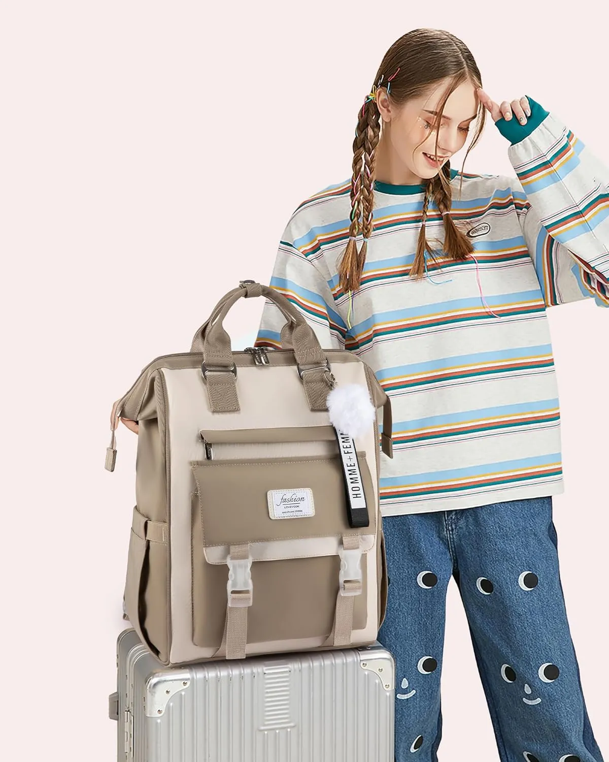 LOVEVOOK School Backpack for Student,15.6 Inch College Backpack, Light Weight Cute Bookbag for Girls, Waterproof Casual Daypack Laptop Backpack fits School Travel CasualCoffee&Beige