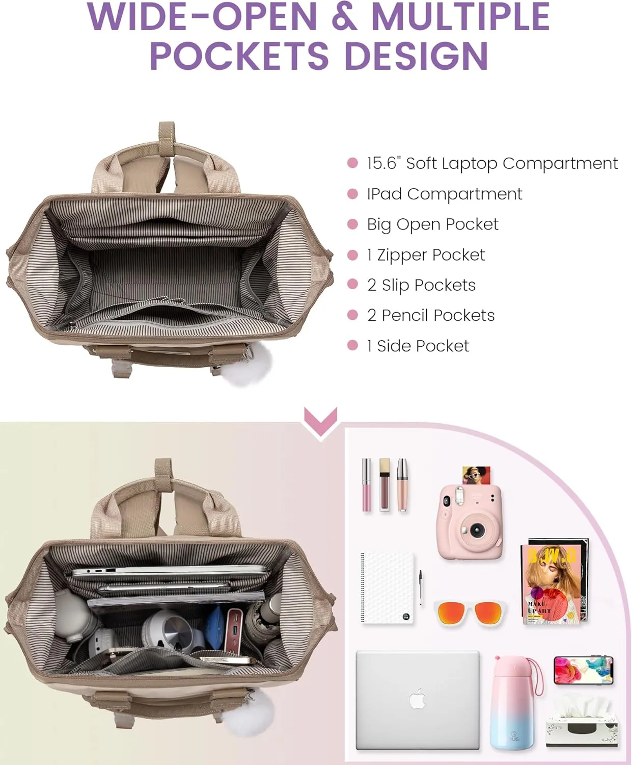 LOVEVOOK School Backpack for Student,15.6 Inch College Backpack, Light Weight Cute Bookbag for Girls, Waterproof Casual Daypack Laptop Backpack fits School Travel CasualCoffee&Beige