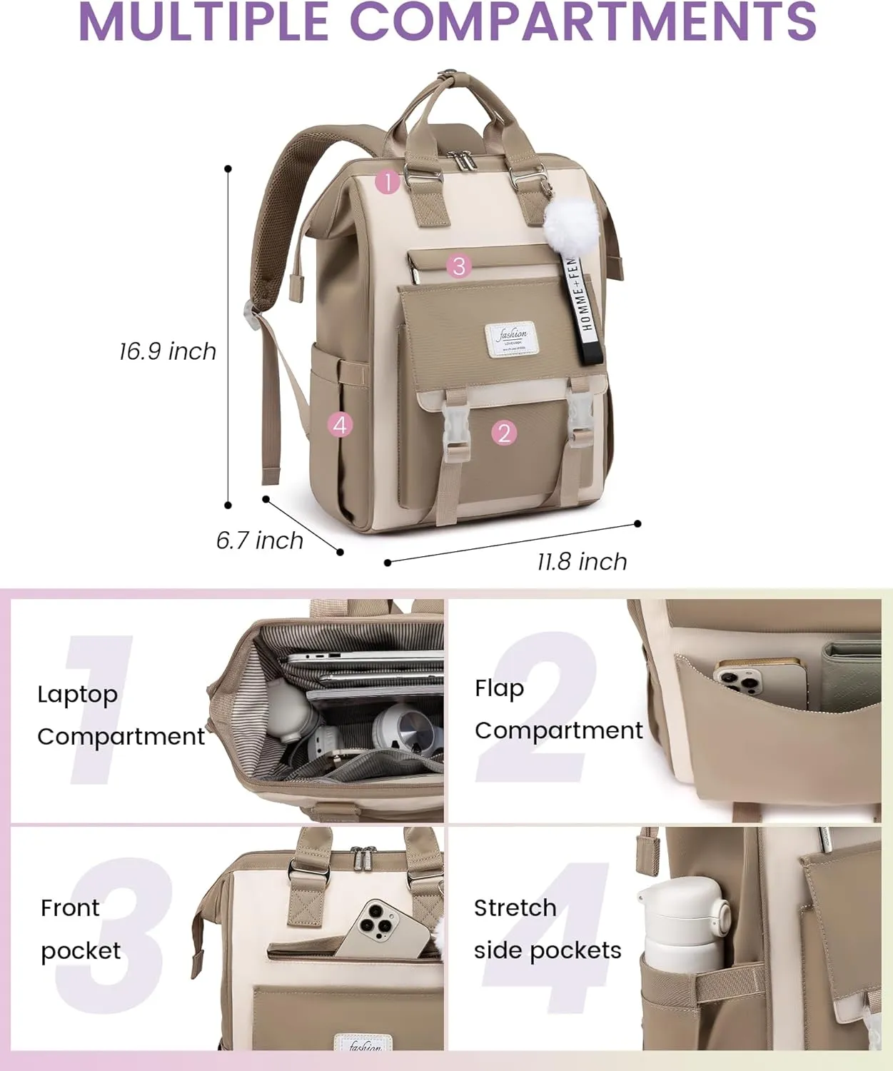 LOVEVOOK School Backpack for Student,15.6 Inch College Backpack, Light Weight Cute Bookbag for Girls, Waterproof Casual Daypack Laptop Backpack fits School Travel CasualCoffee&Beige