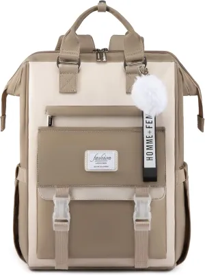 LOVEVOOK School Backpack for Student,15.6 Inch College Backpack, Light Weight Cute Bookbag for Girls, Waterproof Casual Daypack Laptop Backpack fits School Travel CasualCoffee&Beige