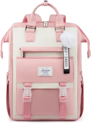LOVEVOOK School Backpack for Student,15.6 Inch College Backpack, Light Weight Cute Bookbag for Girls, Waterproof Casual Daypack Laptop Backpack fits School Travel CasualPink&Beige