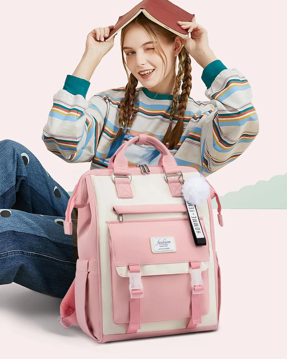 LOVEVOOK School Backpack for Student,15.6 Inch College Backpack, Light Weight Cute Bookbag for Girls, Waterproof Casual Daypack Laptop Backpack fits School Travel CasualPink&Beige