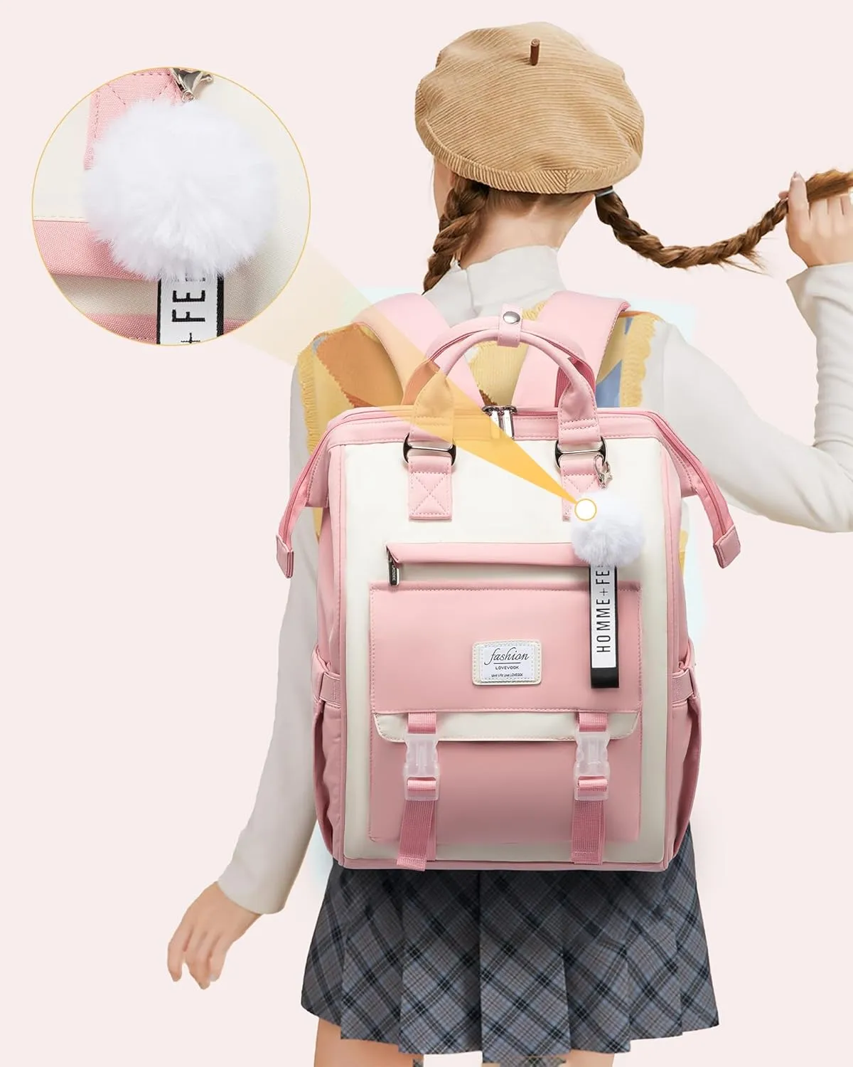 LOVEVOOK School Backpack for Student,15.6 Inch College Backpack, Light Weight Cute Bookbag for Girls, Waterproof Casual Daypack Laptop Backpack fits School Travel CasualPink&Beige