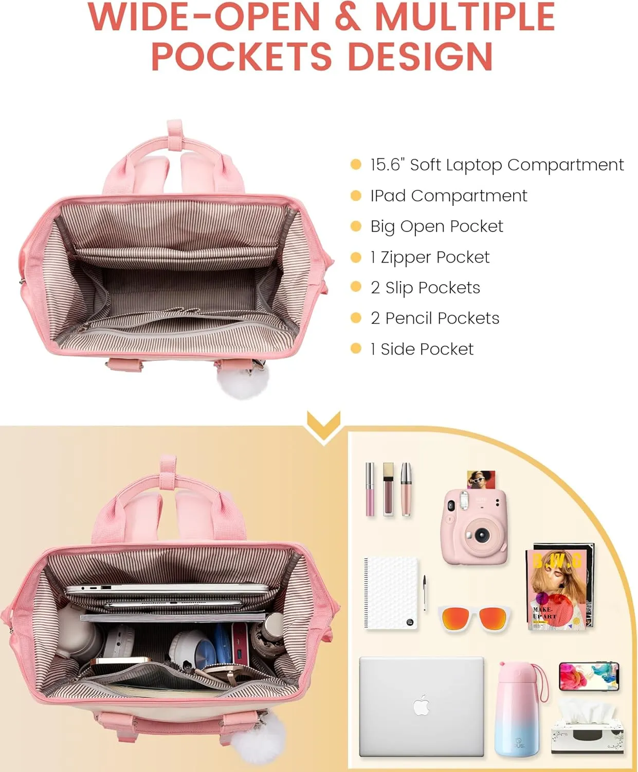 LOVEVOOK School Backpack for Student,15.6 Inch College Backpack, Light Weight Cute Bookbag for Girls, Waterproof Casual Daypack Laptop Backpack fits School Travel CasualPink&Beige