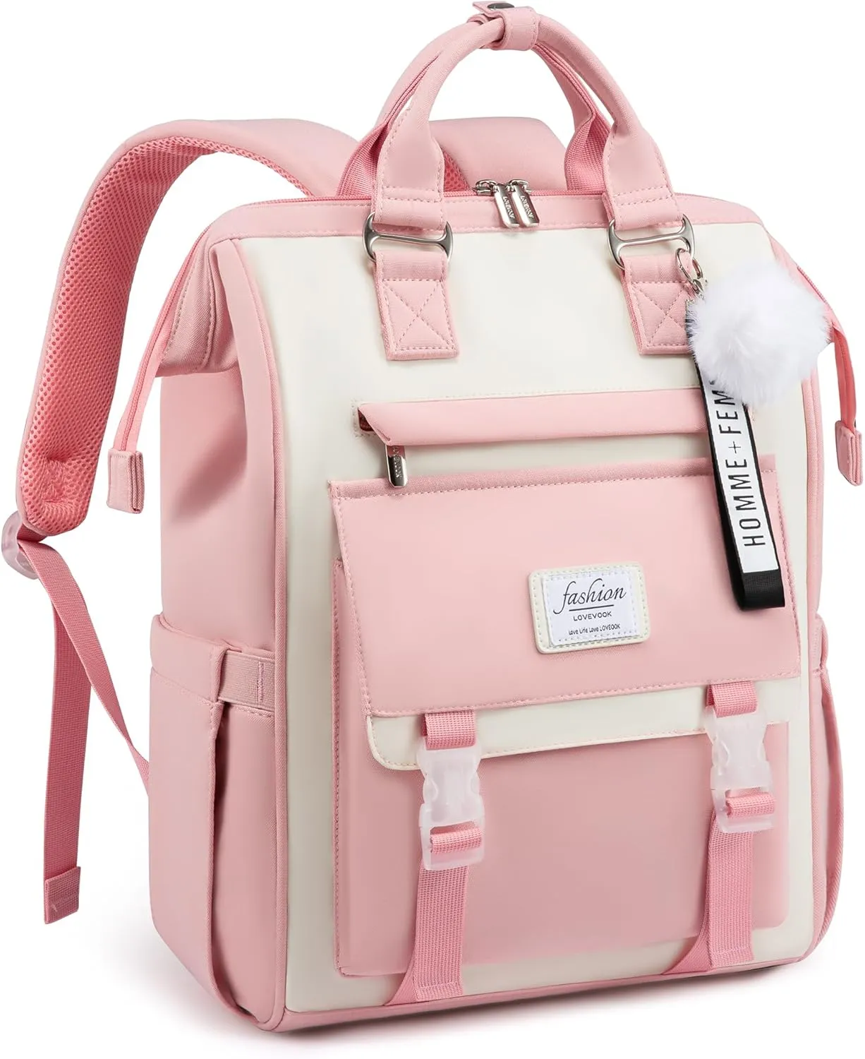 LOVEVOOK School Backpack for Student,15.6 Inch College Backpack, Light Weight Cute Bookbag for Girls, Waterproof Casual Daypack Laptop Backpack fits School Travel CasualPink&Beige