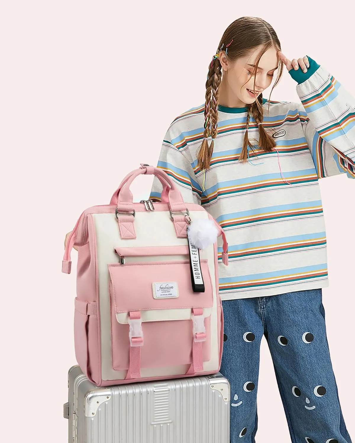 LOVEVOOK School Backpack for Student,15.6 Inch College Backpack, Light Weight Cute Bookbag for Girls, Waterproof Casual Daypack Laptop Backpack fits School Travel CasualPink&Beige