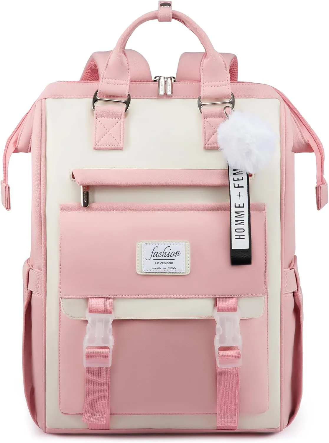 LOVEVOOK School Backpack for Student,15.6 Inch College Backpack, Light Weight Cute Bookbag for Girls, Waterproof Casual Daypack Laptop Backpack fits School Travel CasualPink&Beige