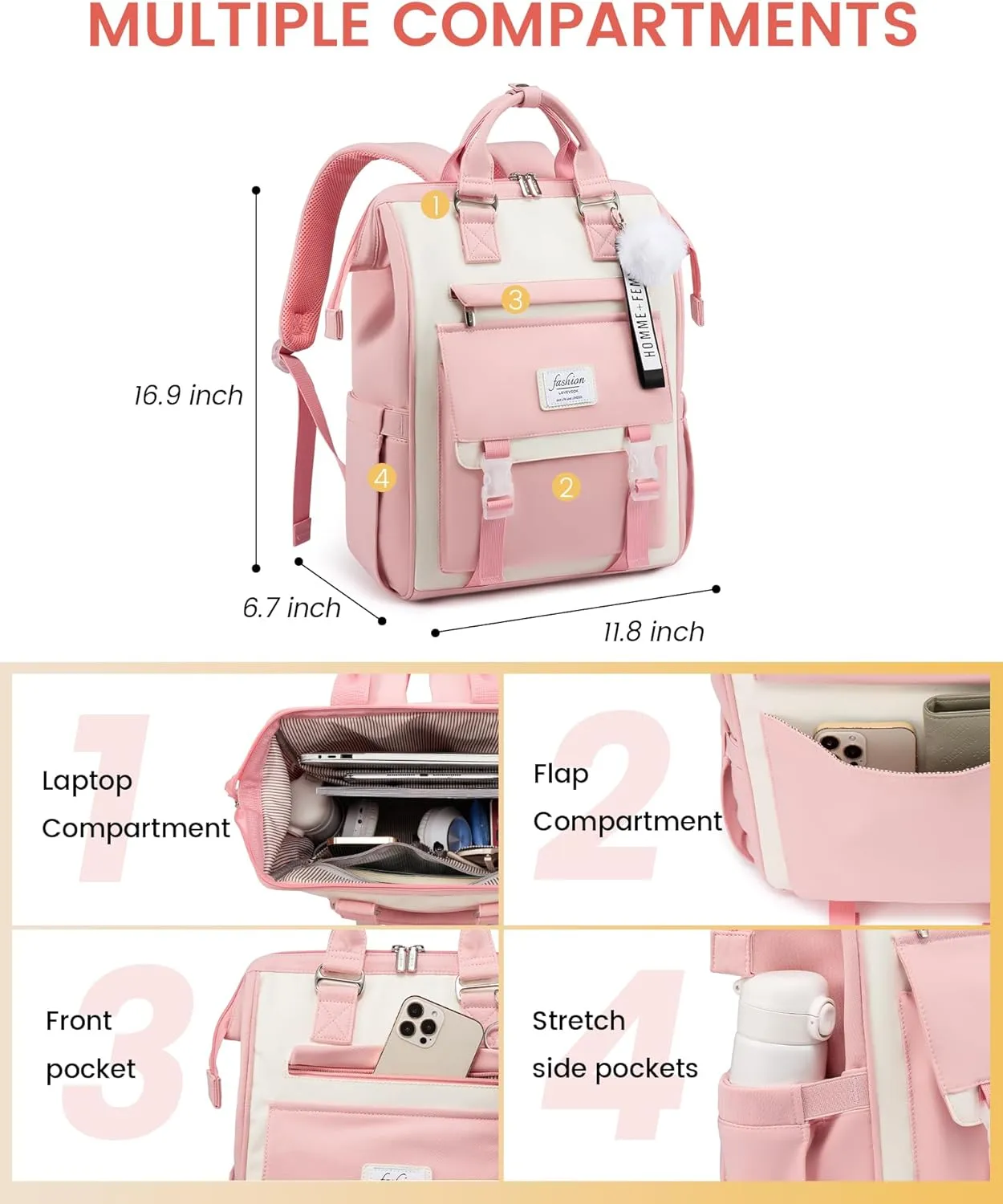 LOVEVOOK School Backpack for Student,15.6 Inch College Backpack, Light Weight Cute Bookbag for Girls, Waterproof Casual Daypack Laptop Backpack fits School Travel CasualPink&Beige