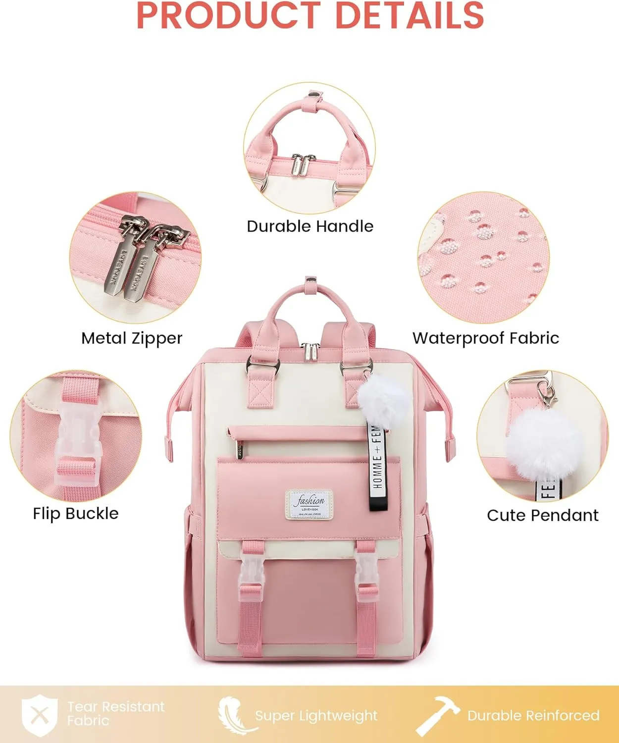 LOVEVOOK School Backpack for Student,15.6 Inch College Backpack, Light Weight Cute Bookbag for Girls, Waterproof Casual Daypack Laptop Backpack fits School Travel CasualPink&Beige