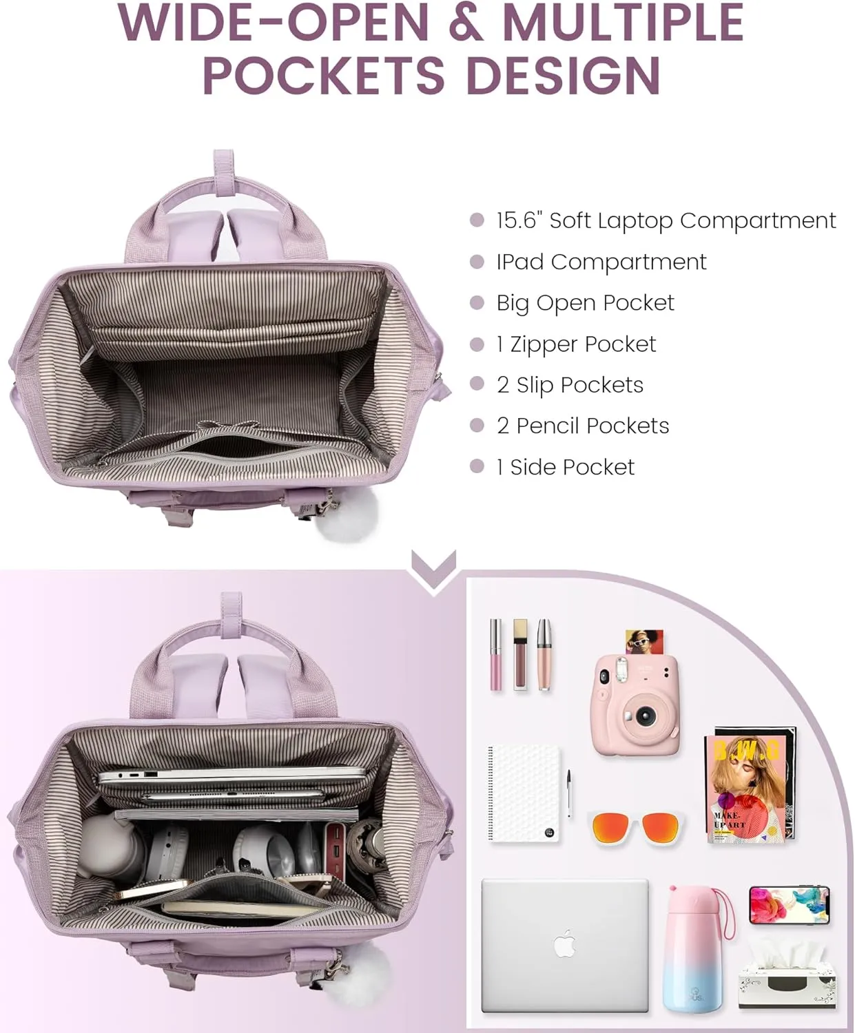 LOVEVOOK School Backpack for Student,15.6 Inch College Backpack, Light Weight Cute Bookbag for Girls, Waterproof Casual Daypack Laptop Backpack fits School Travel CasualTaro Purple