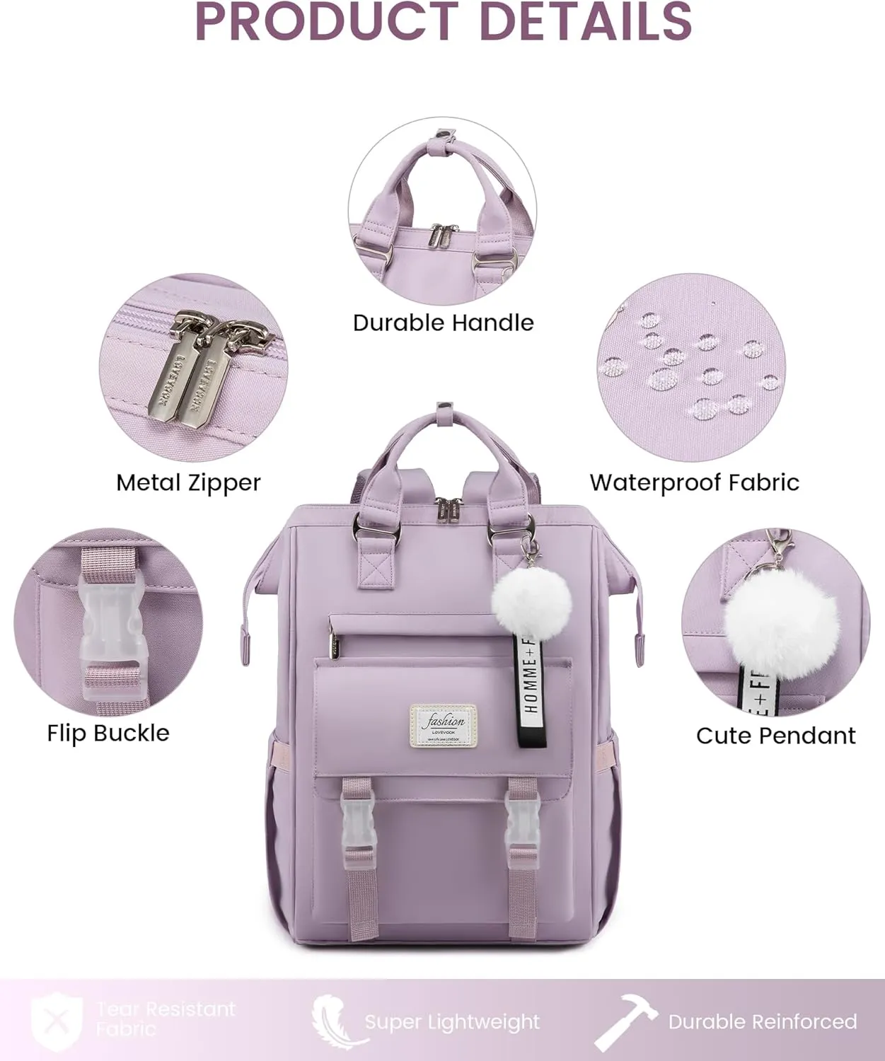 LOVEVOOK School Backpack for Student,15.6 Inch College Backpack, Light Weight Cute Bookbag for Girls, Waterproof Casual Daypack Laptop Backpack fits School Travel CasualTaro Purple
