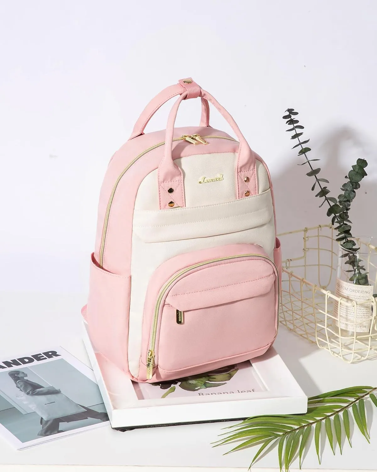 LOVEVOOK Small Backpack Purse for Women, Mini Backpack, Light Weight Cute Fashion Backpack for Work Daily Travel, Pink-Beige