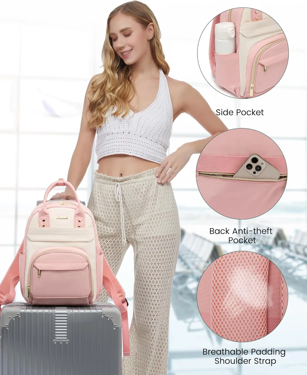 LOVEVOOK Small Backpack Purse for Women, Mini Backpack, Light Weight Cute Fashion Backpack for Work Daily Travel, Pink-Beige