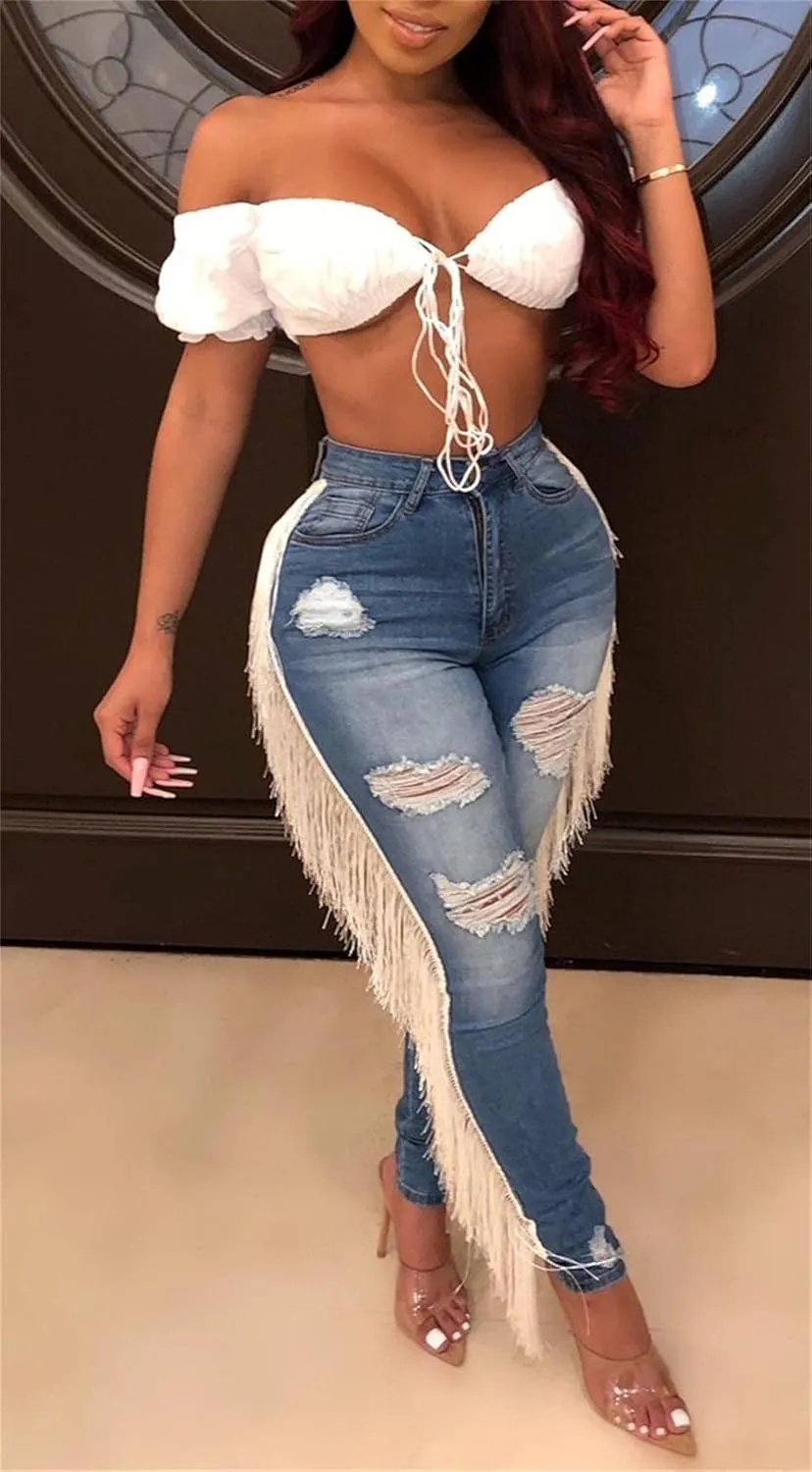Lucuna Women's High Waisted Ripped Jeans Cut Out Destroyed Frayed Tassels Distressed Denim Pants