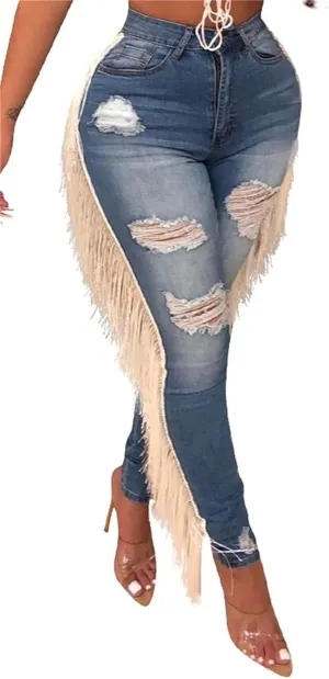 Lucuna Women's High Waisted Ripped Jeans Cut Out Destroyed Frayed Tassels Distressed Denim Pants