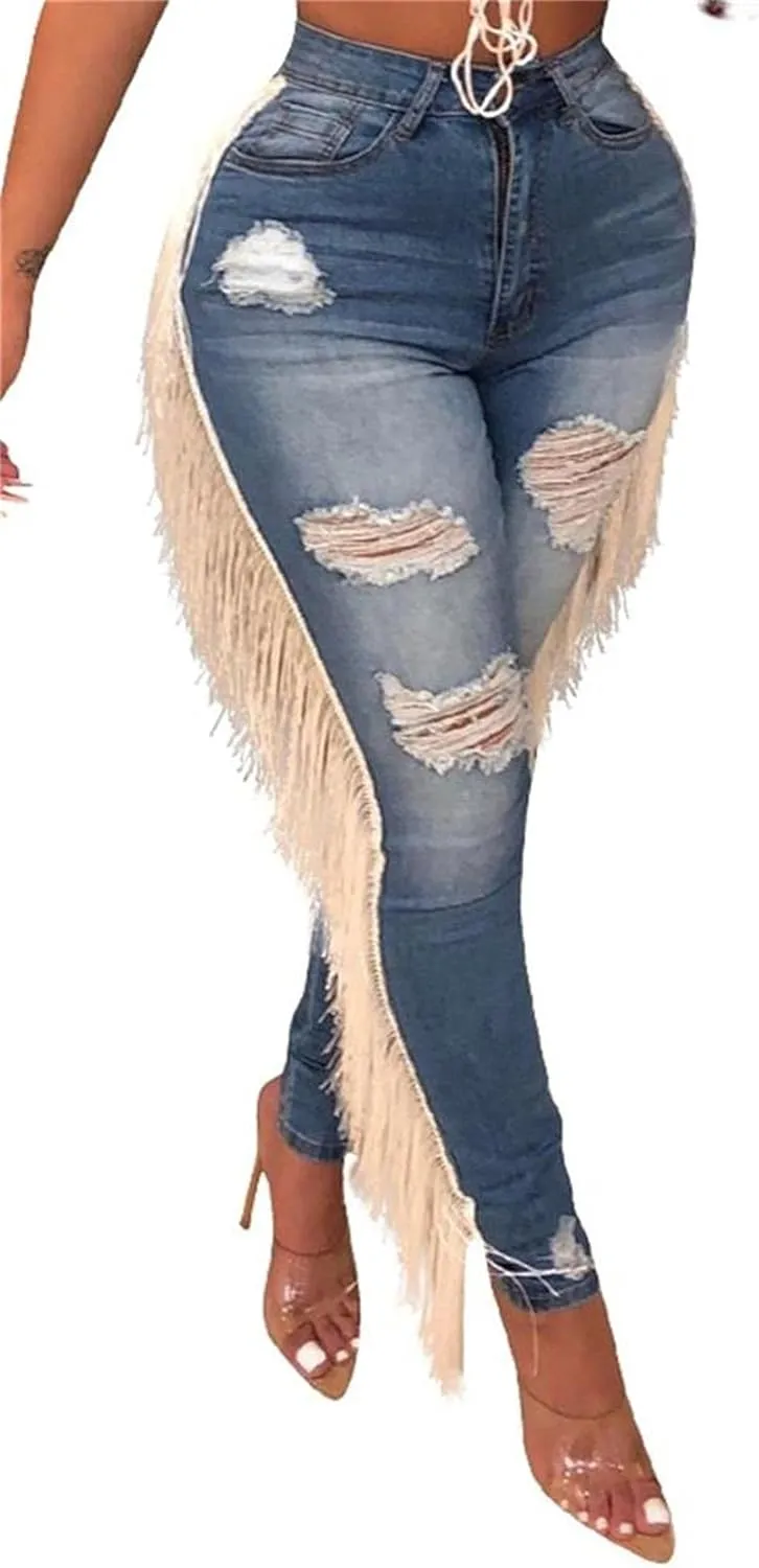 Lucuna Women's High Waisted Ripped Jeans Cut Out Destroyed Frayed Tassels Distressed Denim Pants