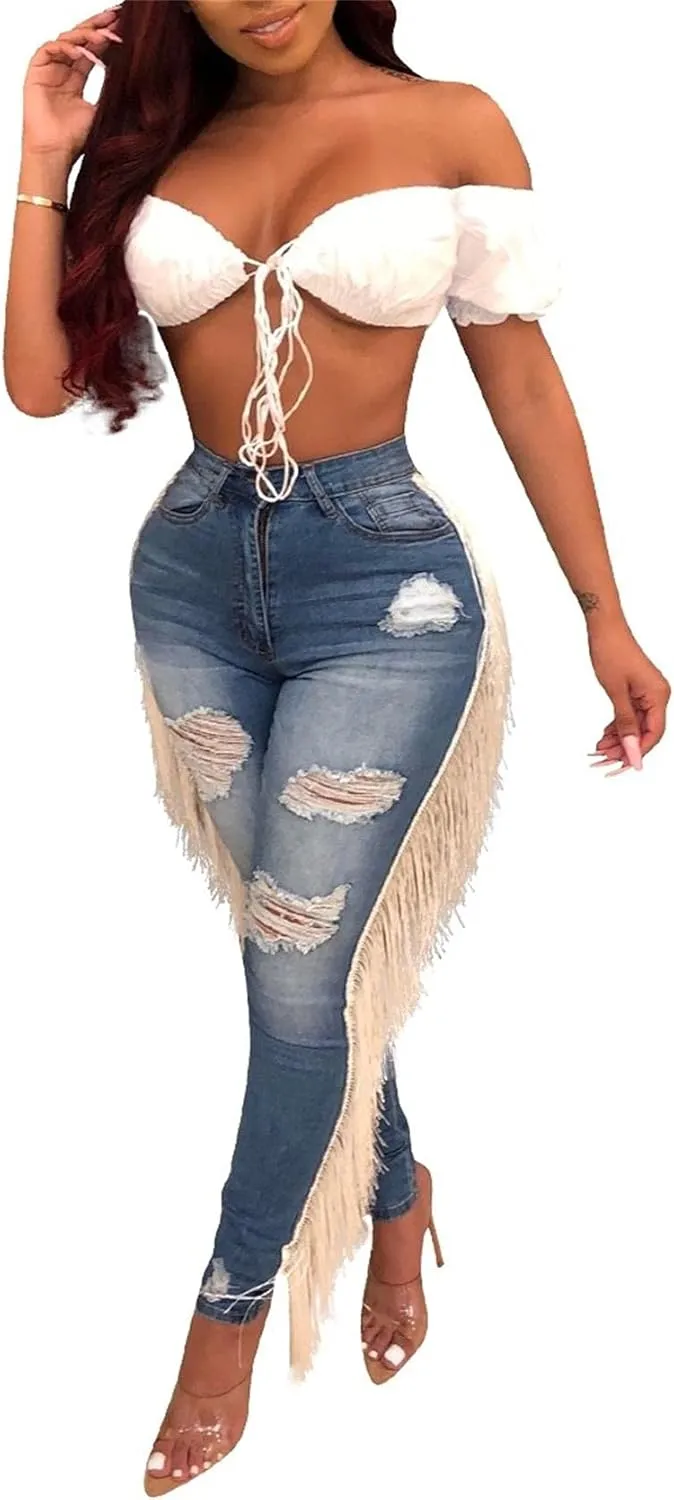 Lucuna Women's High Waisted Ripped Jeans Cut Out Destroyed Frayed Tassels Distressed Denim Pants