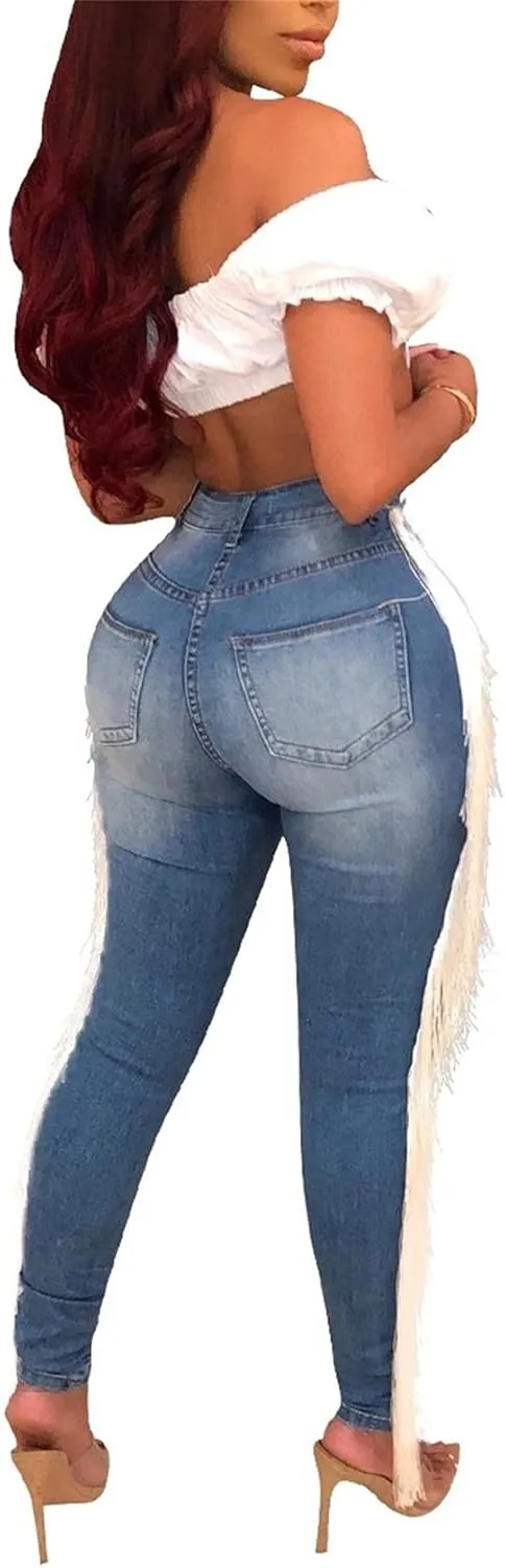 Lucuna Women's High Waisted Ripped Jeans Cut Out Destroyed Frayed Tassels Distressed Denim Pants
