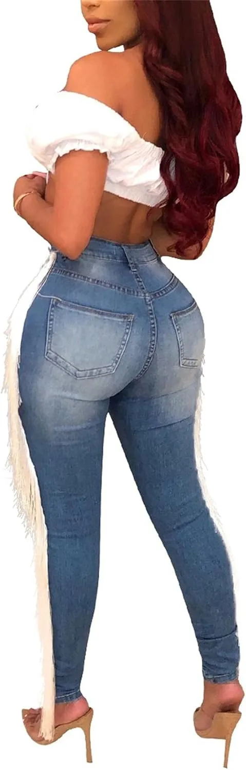 Lucuna Women's High Waisted Ripped Jeans Cut Out Destroyed Frayed Tassels Distressed Denim Pants