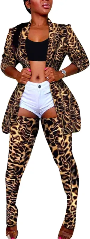 Lucuna Women's Sexy 2 Piece Club Outfits Open Front Blazer   Bodycon Pants Long Stockings Set