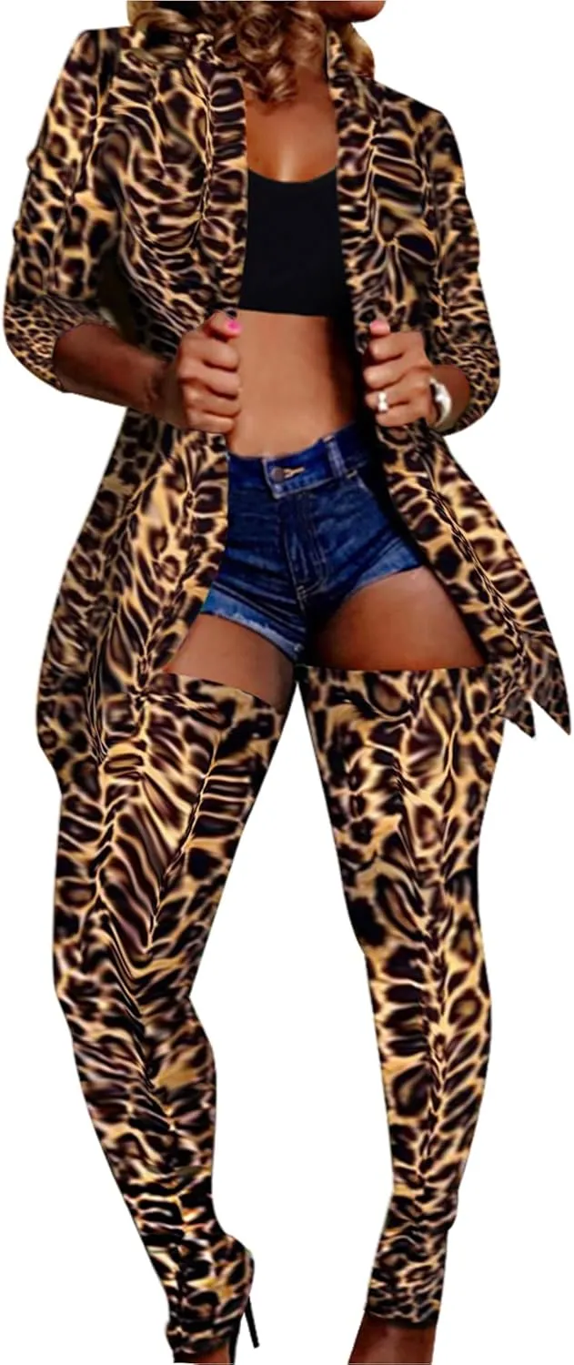 Lucuna Women's Sexy 2 Piece Club Outfits Open Front Blazer   Bodycon Pants Long Stockings Set