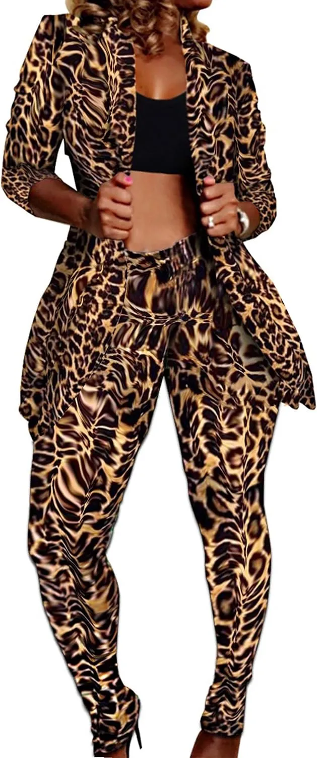 Lucuna Women's Sexy 2 Piece Club Outfits Open Front Blazer   Bodycon Pants Long Stockings Set