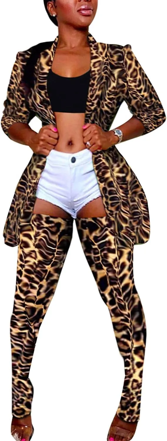 Lucuna Women's Sexy 2 Piece Club Outfits Open Front Blazer   Bodycon Pants Long Stockings Set