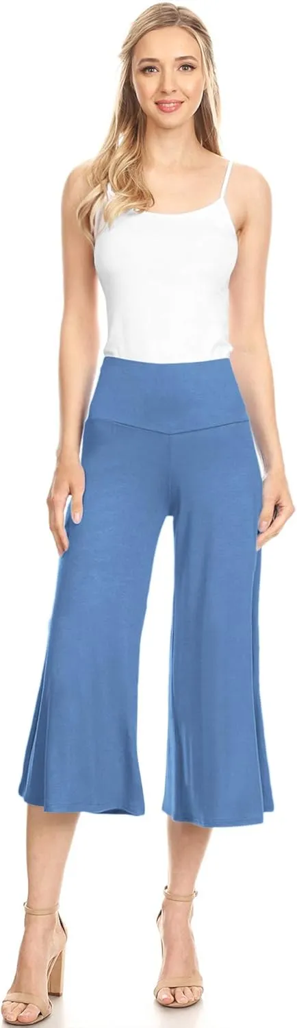 Made By Johnny Women's High Elastic Waistband Wide Leg Palazzo Culotte Gaucho Capri Pants (S~5XL)