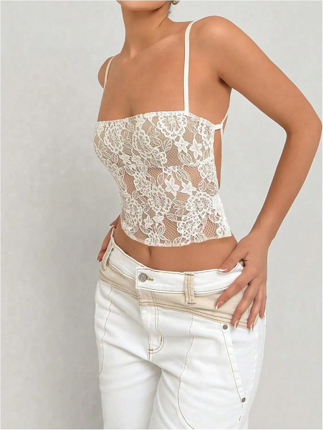 MakeMeChic Women's Floral Lace Sheer Camisole Spaghetti Strap Lace Up Backless Tank Crop Top