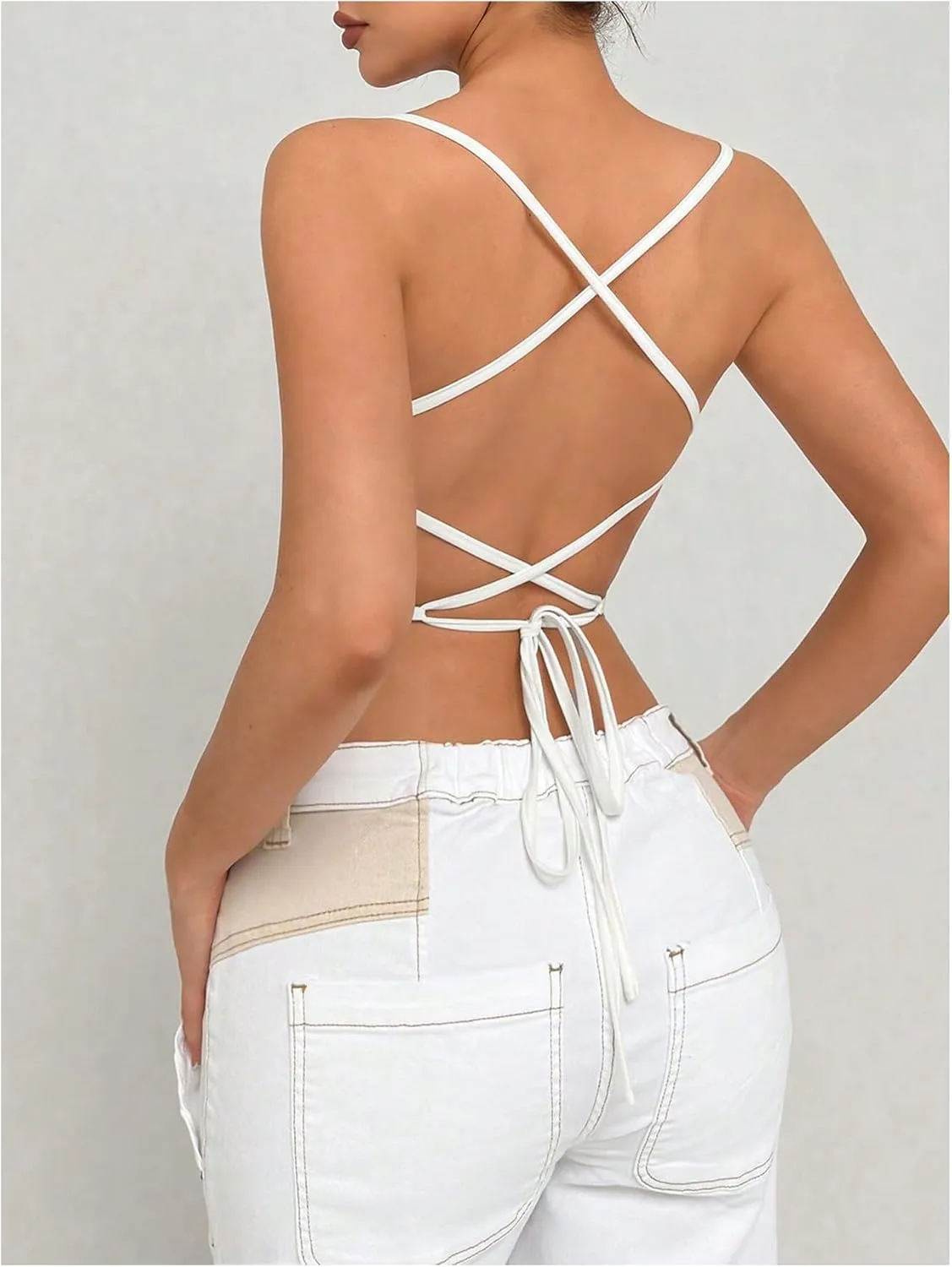 MakeMeChic Women's Floral Lace Sheer Camisole Spaghetti Strap Lace Up Backless Tank Crop Top