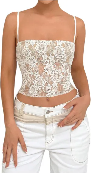 MakeMeChic Women's Floral Lace Sheer Camisole Spaghetti Strap Lace Up Backless Tank Crop Top