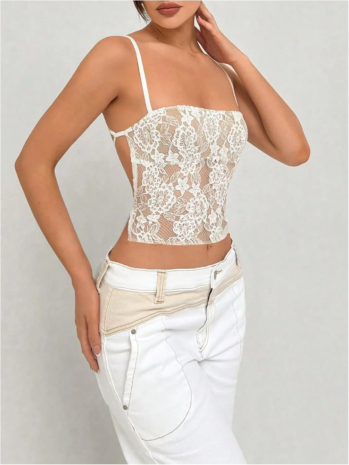 MakeMeChic Women's Floral Lace Sheer Camisole Spaghetti Strap Lace Up Backless Tank Crop Top