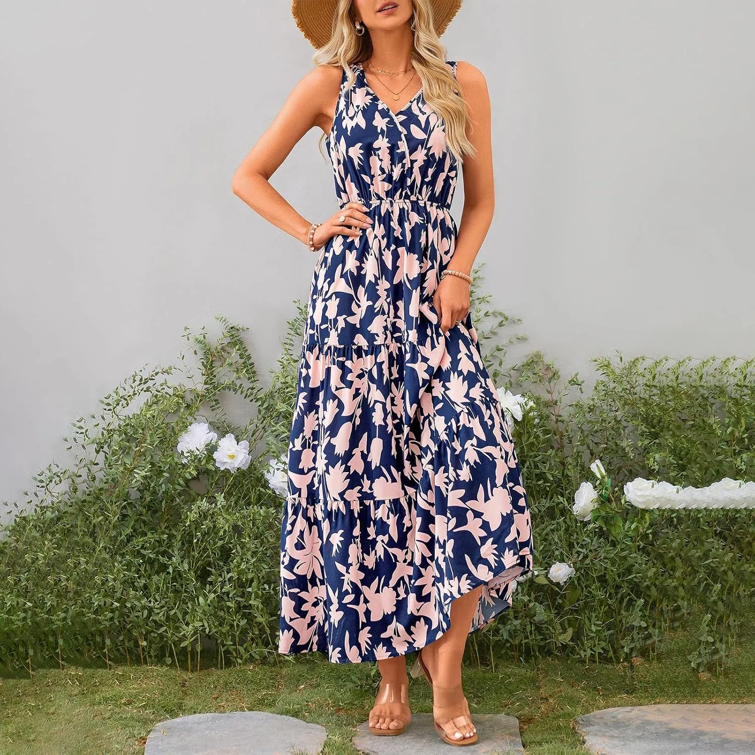 Maxi Dress for Women 2025 Summer Dresses Casual Sleeveless Beach Dresses Vacation Ruffle Wrap V Neck Party Dress