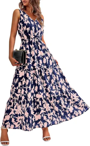 Maxi Dress for Women 2025 Summer Dresses Casual Sleeveless Beach Dresses Vacation Ruffle Wrap V Neck Party Dress