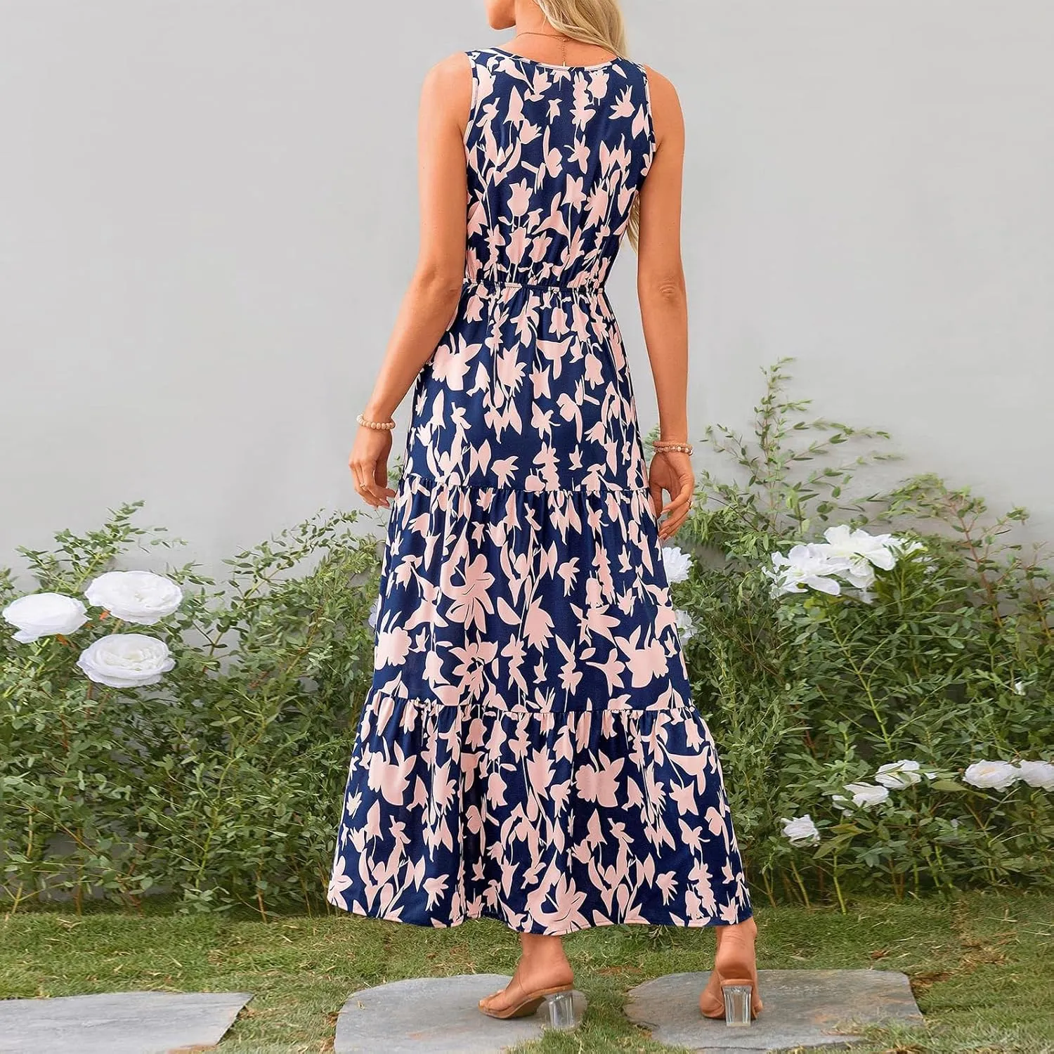 Maxi Dress for Women 2025 Summer Dresses Casual Sleeveless Beach Dresses Vacation Ruffle Wrap V Neck Party Dress