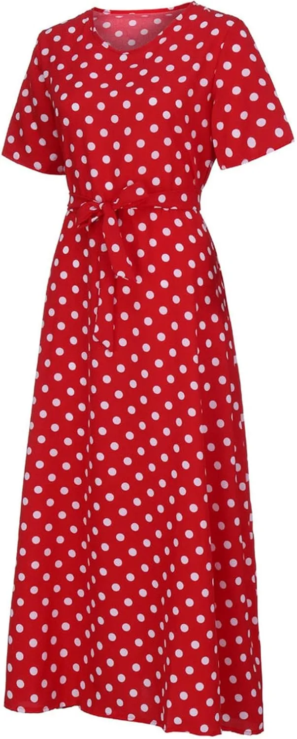 Maxi Dress for Women Boho Summer Polka Dot Print Casual Dress Short Sleeve Long Dresses Flowy Swing Beach Sundress