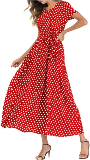 Maxi Dress for Women Boho Summer Polka Dot Print Casual Dress Short Sleeve Long Dresses Flowy Swing Beach Sundress