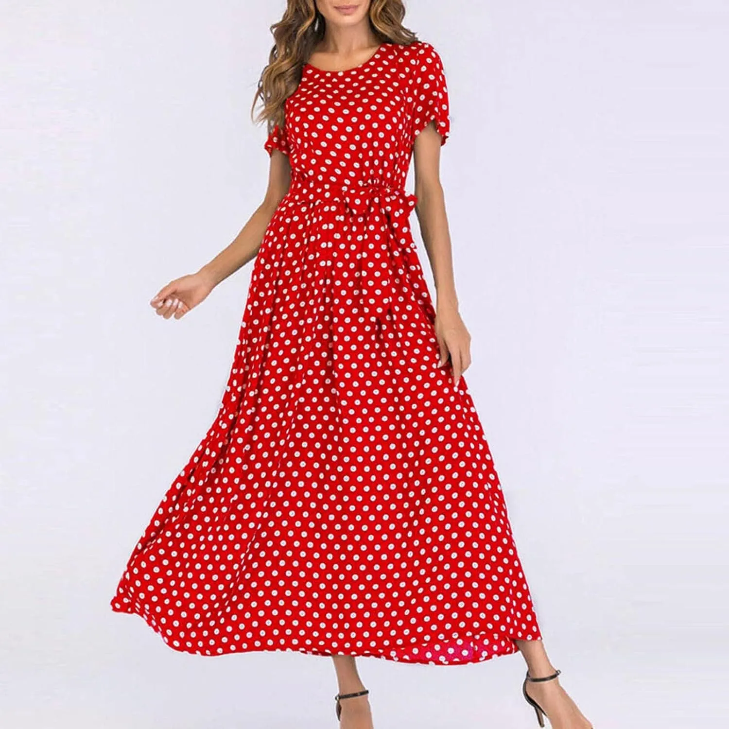 Maxi Dress for Women Boho Summer Polka Dot Print Casual Dress Short Sleeve Long Dresses Flowy Swing Beach Sundress