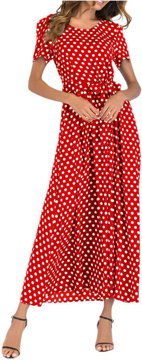 Maxi Dress for Women Boho Summer Polka Dot Print Casual Dress Short Sleeve Long Dresses Flowy Swing Beach Sundress