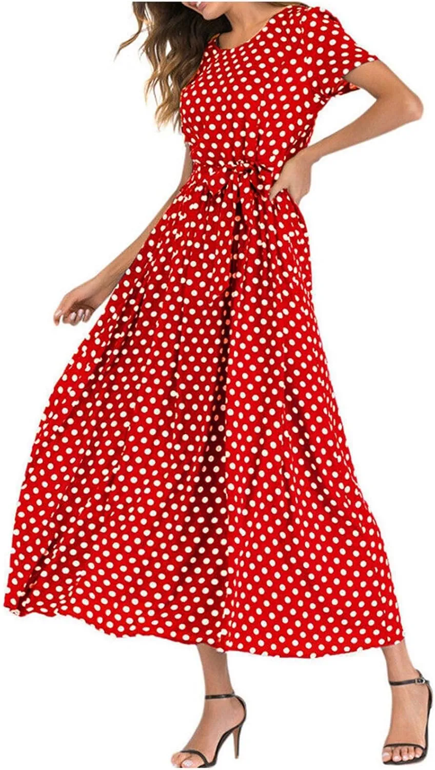 Maxi Dress for Women Boho Summer Polka Dot Print Casual Dress Short Sleeve Long Dresses Flowy Swing Beach Sundress