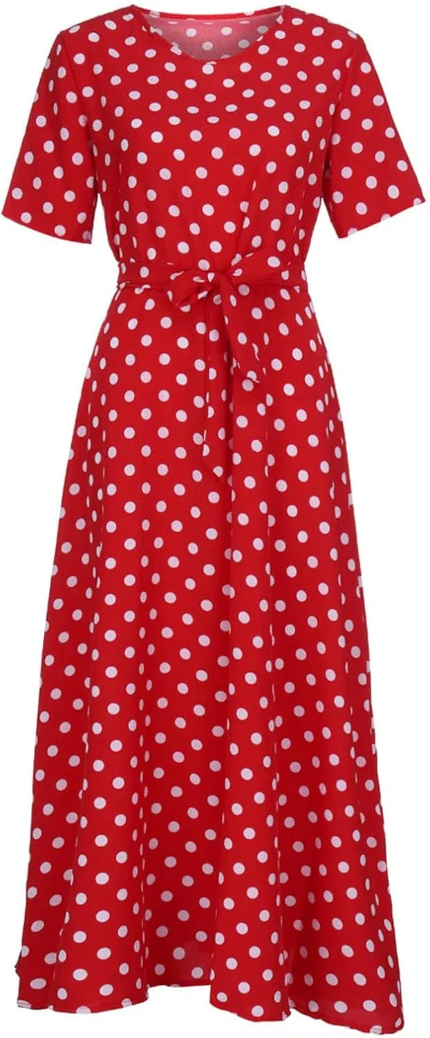 Maxi Dress for Women Boho Summer Polka Dot Print Casual Dress Short Sleeve Long Dresses Flowy Swing Beach Sundress