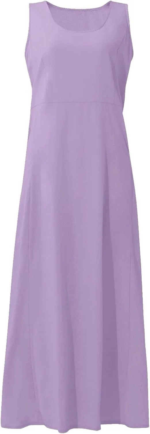 Maxi Floral Dress for Women Plus Size Vacation Scoop Neck Beach Dress with Pockets Long Comfy Flowy Sleeveless Sundress