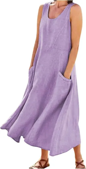 Maxi Floral Dress for Women Plus Size Vacation Scoop Neck Beach Dress with Pockets Long Comfy Flowy Sleeveless Sundress